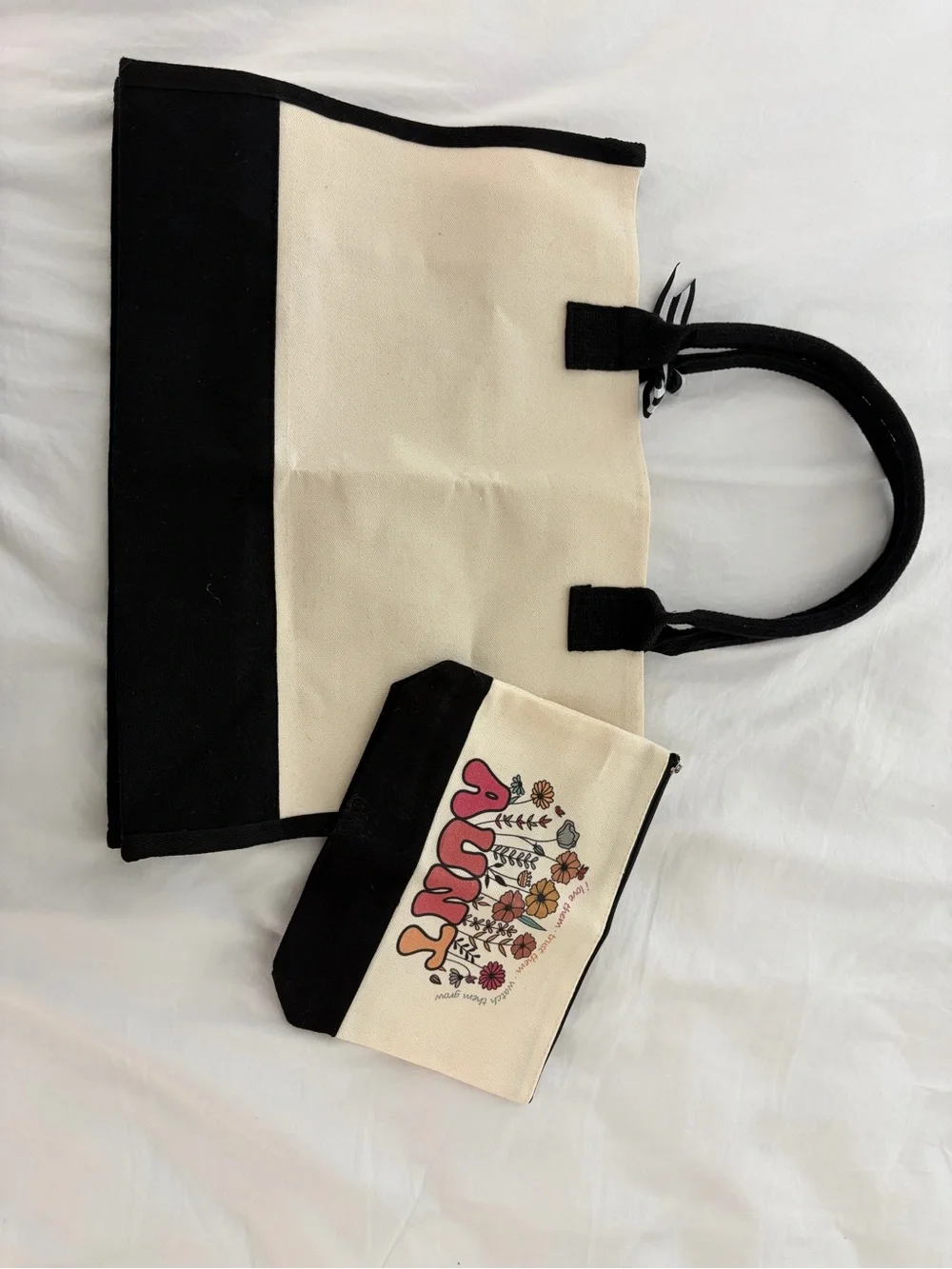 Canvas Floral Tote and Pouch Set - Cream & Black